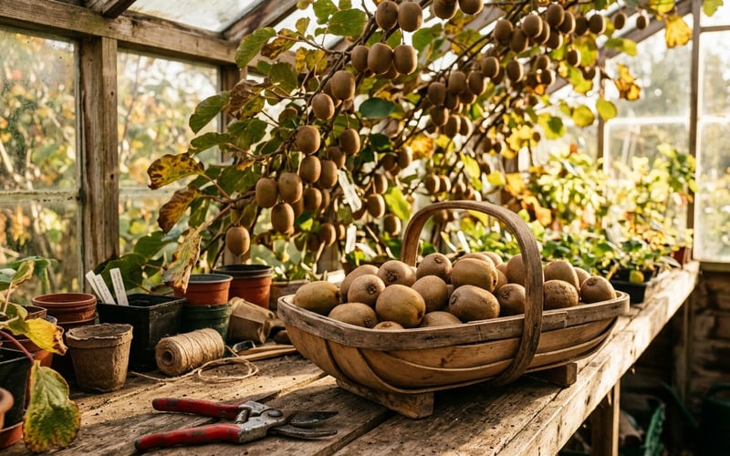 Freshly harvested ripe kiwi fruits in a wooden trug basket on greenhouse staging bench in autumn