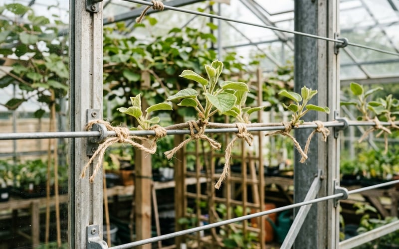 Kiwi vine trained on horizontal galvanised wires inside a UK greenhouse at 45cm spacing intervals