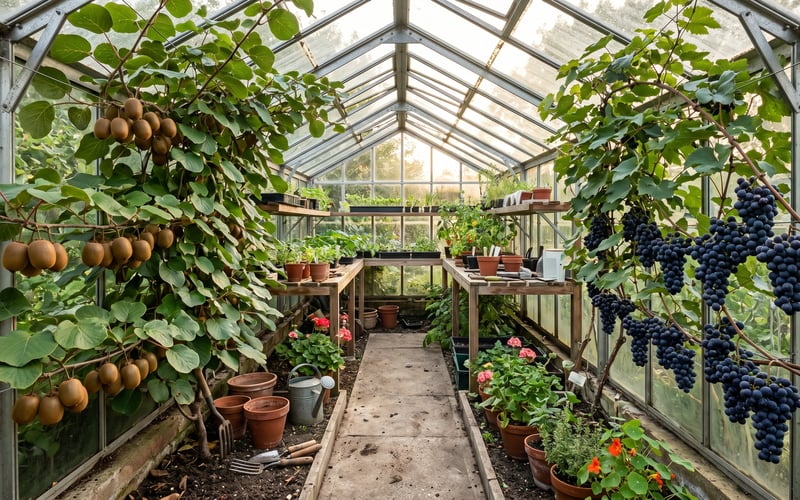 Interior of a traditional UK aluminium greenhouse with a mature kiwi vine bearing fuzzy brown fruit on the left and a Black Hamburgh grape vine with dark purple grape bunches on the right, central path between them