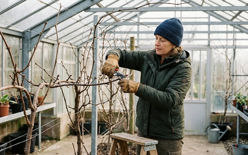Pruning dormant kiwi vine laterals back to 3 buds with bypass secateurs inside a winter greenhouse