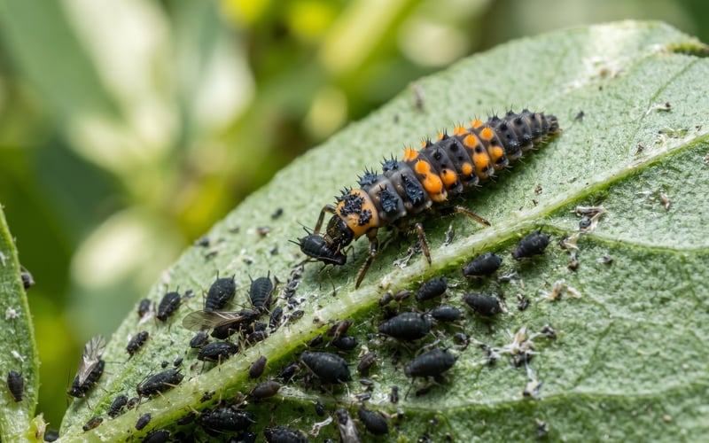 Macro close-up of an orange-and-black ladybird larva feeding on black bean aphids on a broad bean leaf showing the predator-prey relationship