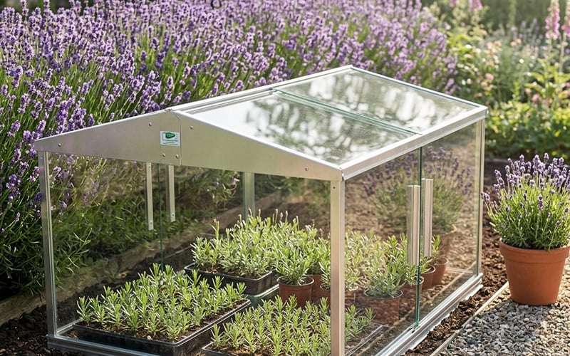 4x4 Access Aluminium Coldframe with lavender cuttings rooting inside in a UK garden