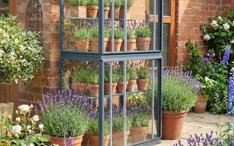 2x3 Access City Growhouse with potted lavender plants overwintering on the shelves