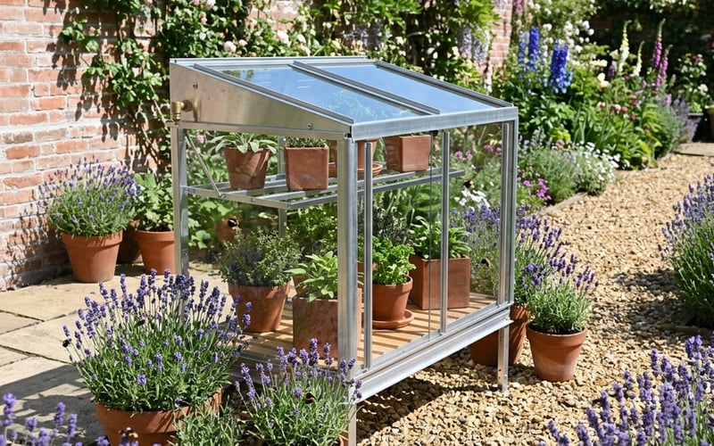 Access Herb House Mini Greenhouse with lavender plants growing in a sunny UK garden