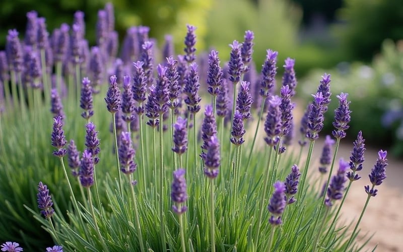 Lavender plants growing in UK garden as natural rat deterrent showing fragrant herbs that repel rodents