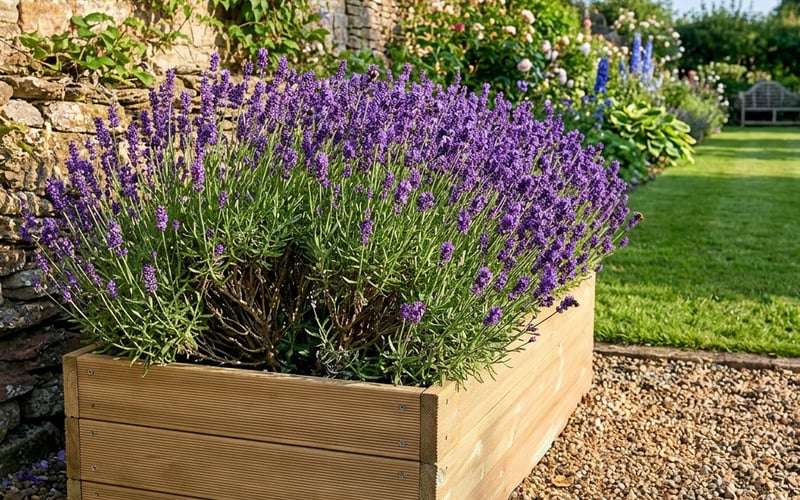 Lavender growing in an Access 4x2 raised wooden bed in a sunny UK garden