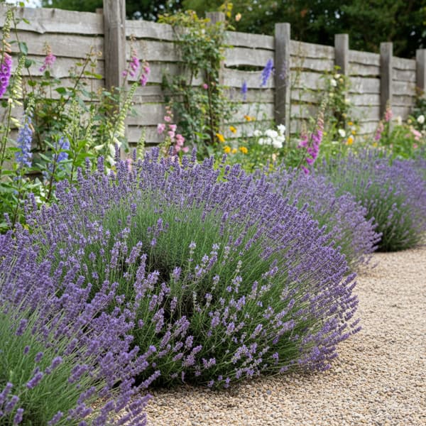 Lavender and rosemary planted along a UK garden border as natural cat repellents