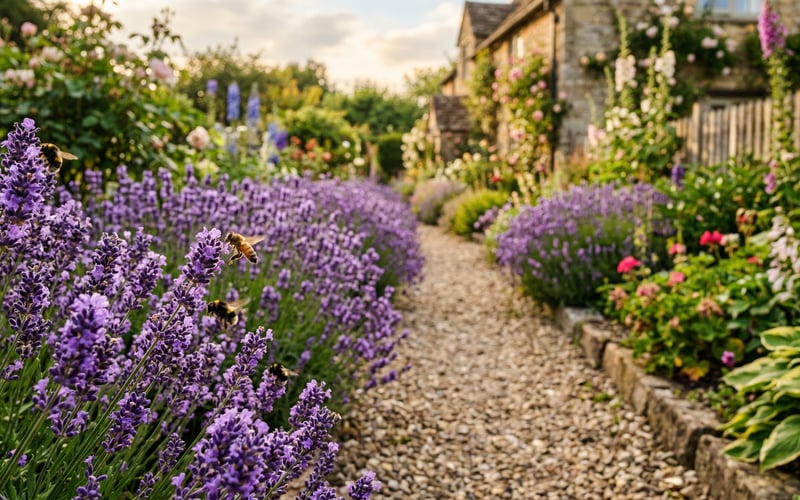 Lavender hedge in full bloom lining a gravel path in a UK cottage garden