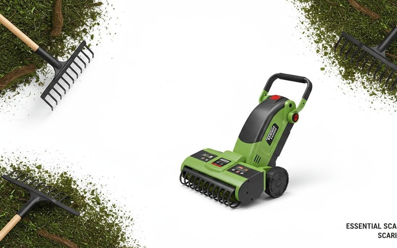 Lawn scarifying tools comparison - manual spring rake and electric scarifier equipment for UK lawns with thatch removal.