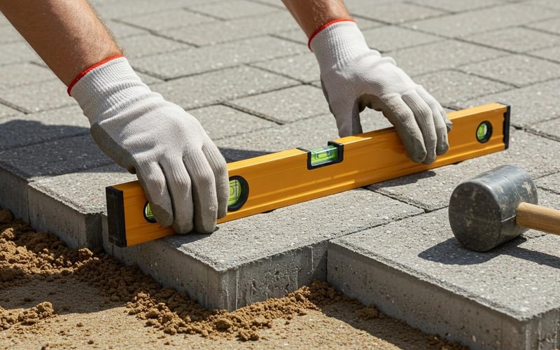 Professional technique showing spirit level checking paving slab alignment during greenhouse base construction