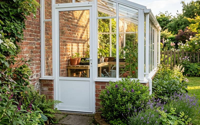 Elite Windsor lean-to greenhouse fitted against a brick wall in a UK garden