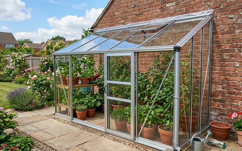 Completed lean-to greenhouse installed against a brick wall with silicone sealant along the top joint