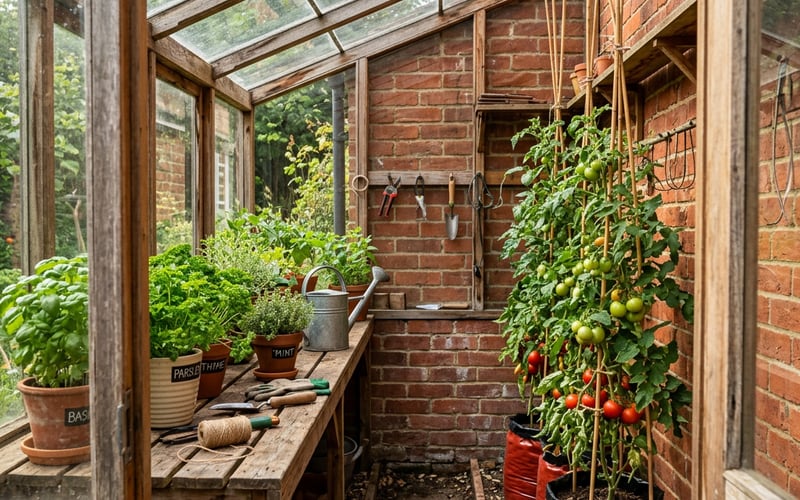 Lean-to greenhouse interior showing staging and grow bags in a 4x6ft space