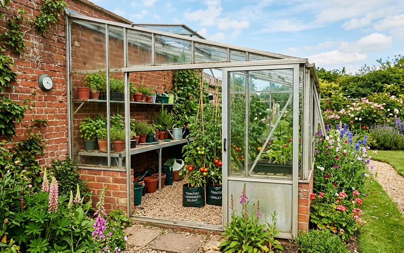 Lean-to greenhouse against a south-facing brick wall in a UK garden