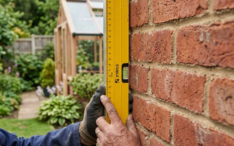Checking a brick wall with a spirit level before lean-to greenhouse installation