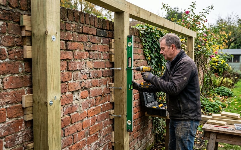 Timber goalpost framework screwed to an uneven brick wall with packing pieces for lean-to greenhouse mounting