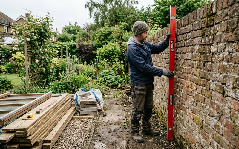 Checking an uneven brick wall with a spirit level before lean-to greenhouse installation