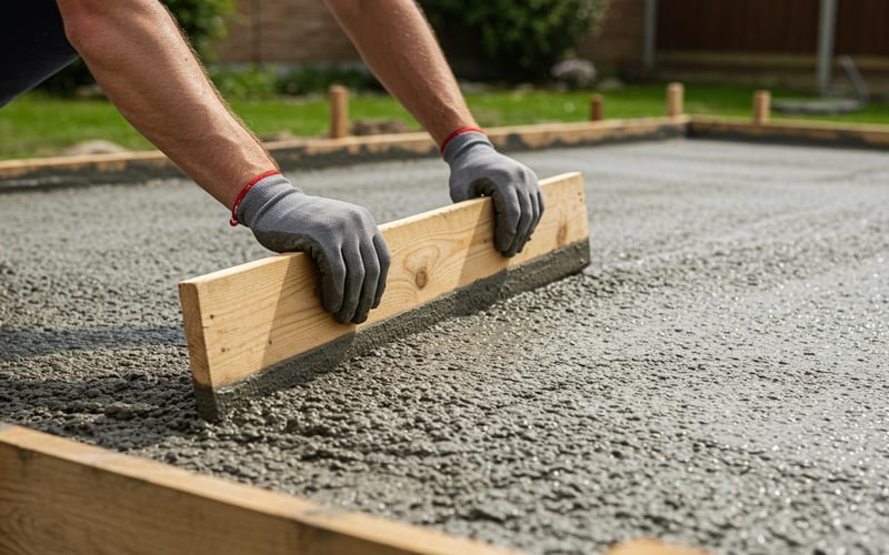 Person using a screed board to level fresh concrete for a greenhouse base