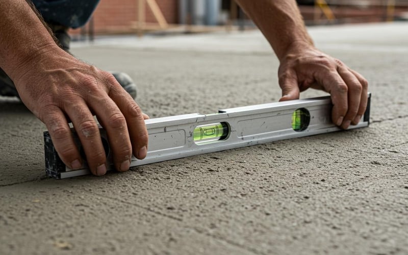 Long spirit level checking concrete shed base for perfect horizontal alignment during construction.