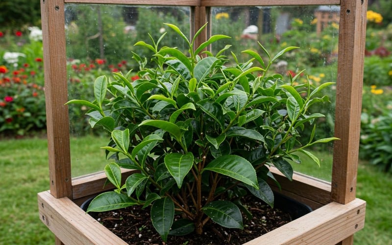 Lush tea plant (Camellia sinensis) growing in wooden raised bed.