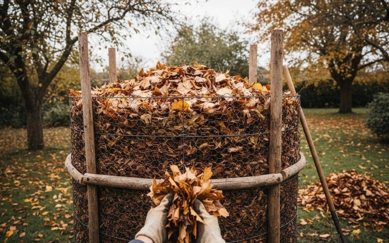 Making leaf mould from autumn leaves in wire cage showing sustainable gardening practice UK