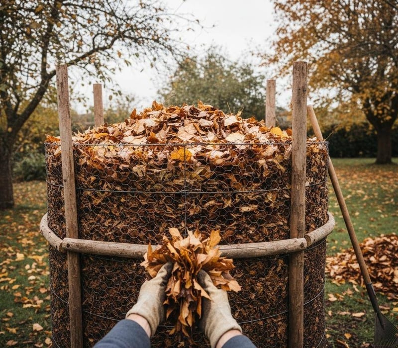 Making leaf mould from autumn leaves in wire cage showing sustainable gardening practice UK