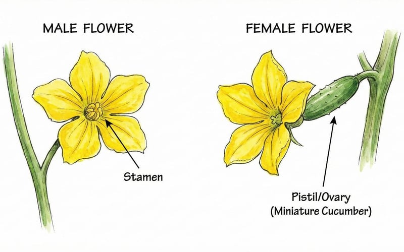 Illustration showing the difference between male and female cucumber flowers.
