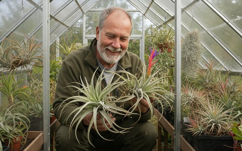 Man holding large air plant Tillandsia specimen showcasing rootless growth habit.