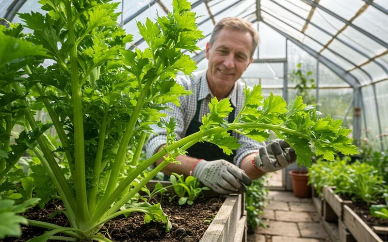 Grower tending celtuce plants developing thick edible stems in greenhouse.