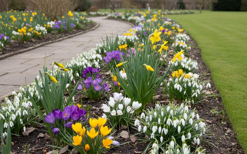 Spring bulbs emerging in a March garden
