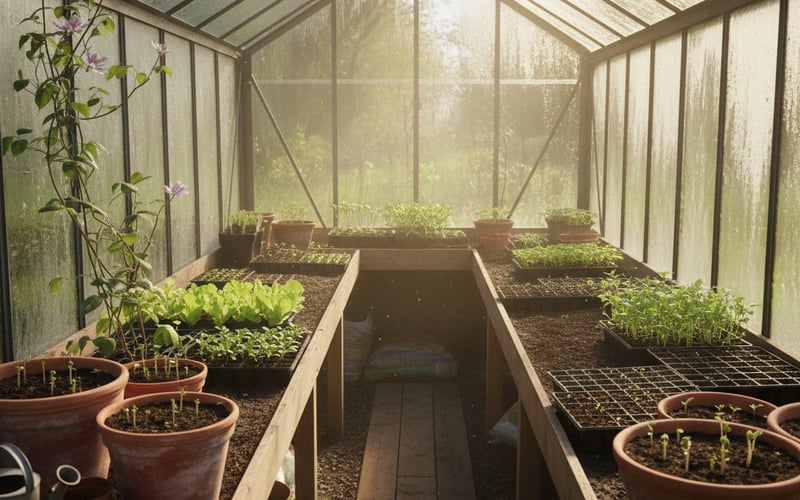 March gardening jobs 2026 - seedlings in a greenhouse