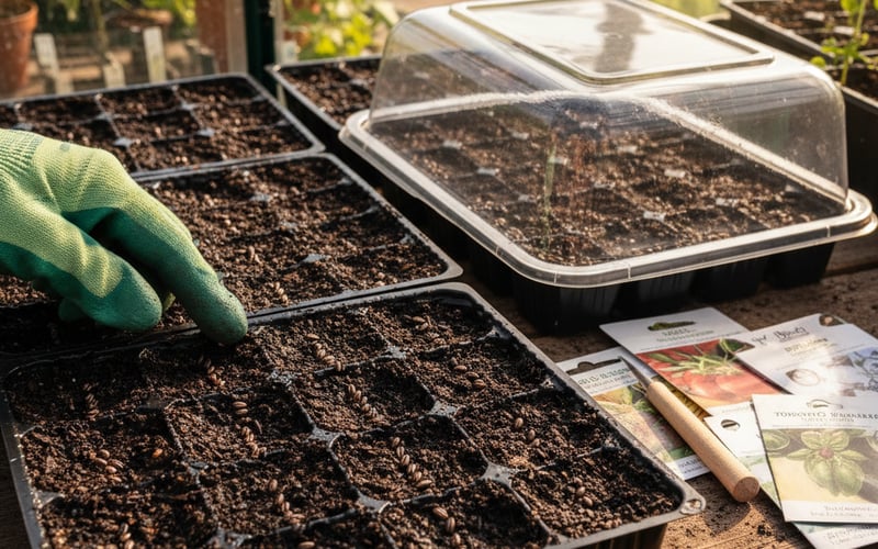 Sowing seeds in a heated propagator in March