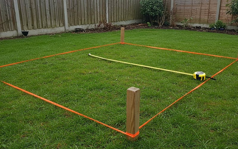 String lines and wooden pegs marking out the corners of a rectangular greenhouse base on grass