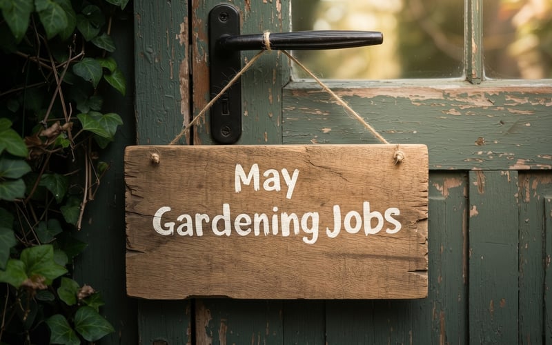 May gardening jobs in a UK greenhouse with tomato seedlings and an open roof vent