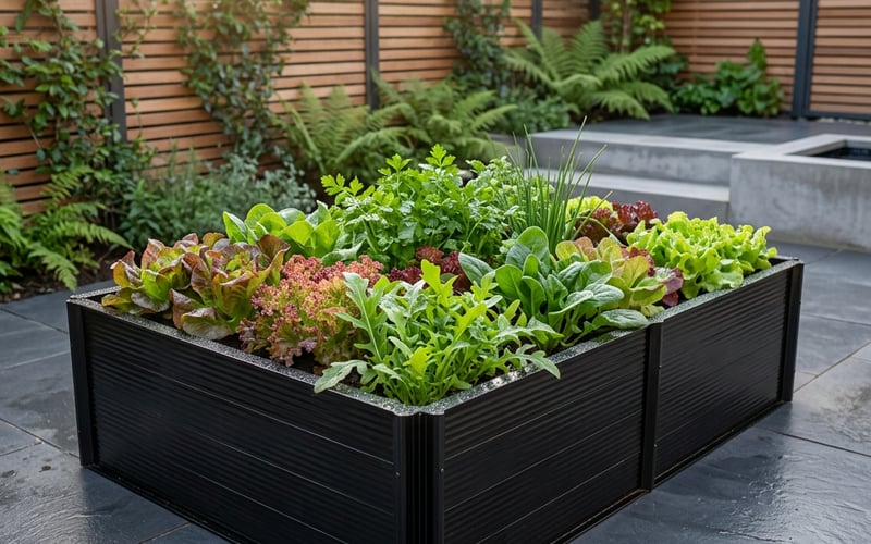 Elite Roots and Shoots black aluminium raised bed in a modern urban courtyard garden with salad leaves