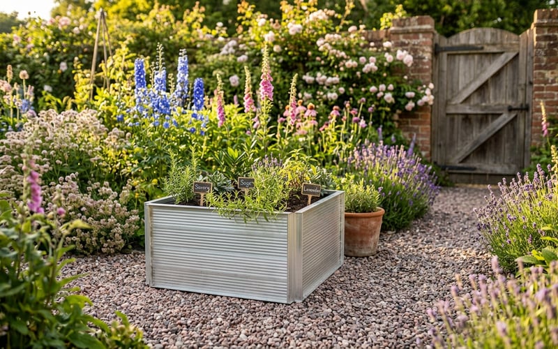 Elite Roots and Shoots aluminium raised bed in an English cottage garden filled with herbs