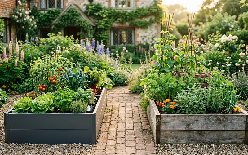 Metal and wood raised beds side by side in an English cottage garden with vegetables growing