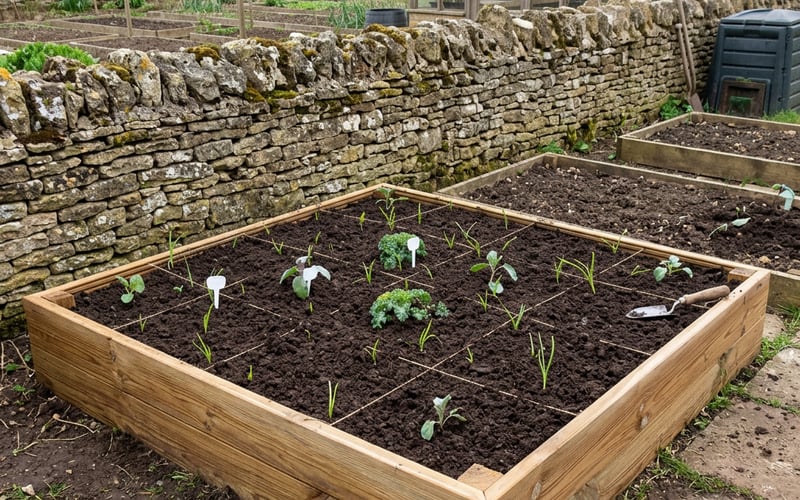 Access wooden raised bed kit in a rural English vegetable garden with stone wall and seedlings