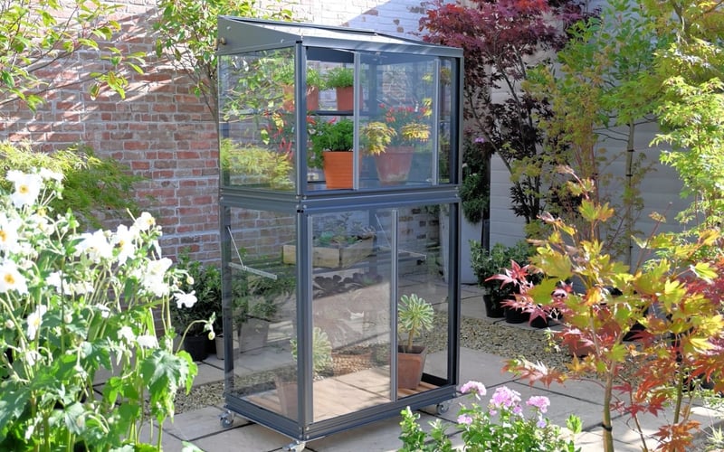 Portable mini greenhouse on wheels - Access 2x3 with lockable castors for moving around patios
