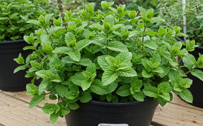 Mint plants growing in UK herb garden showing aromatic herbs that naturally deter rats from gardens