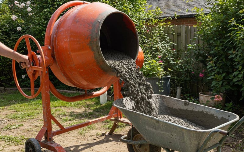 Concrete mixer pouring fresh concrete into wheelbarrow for shed base construction.
