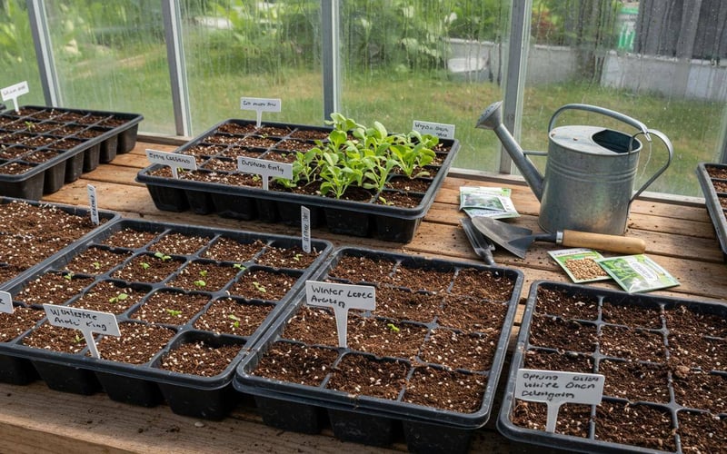 Module sowing technique for August greenhouse sowings showing seed trays and labels
