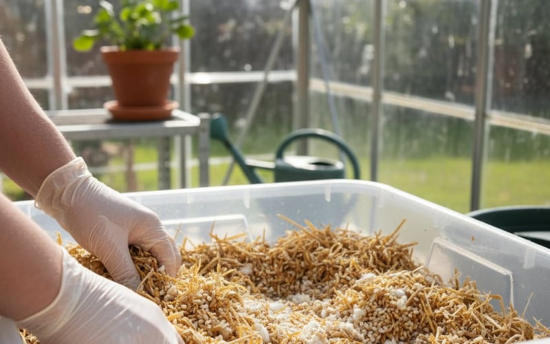Pasteurised straw being mixed with mushroom spawn for inoculation in a greenhouse