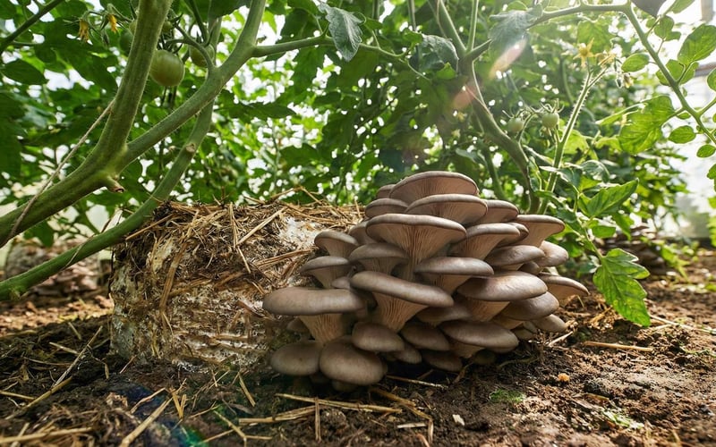 Oyster mushrooms growing near the base of tomato plants in a greenhouse, illustrating companion planting.
