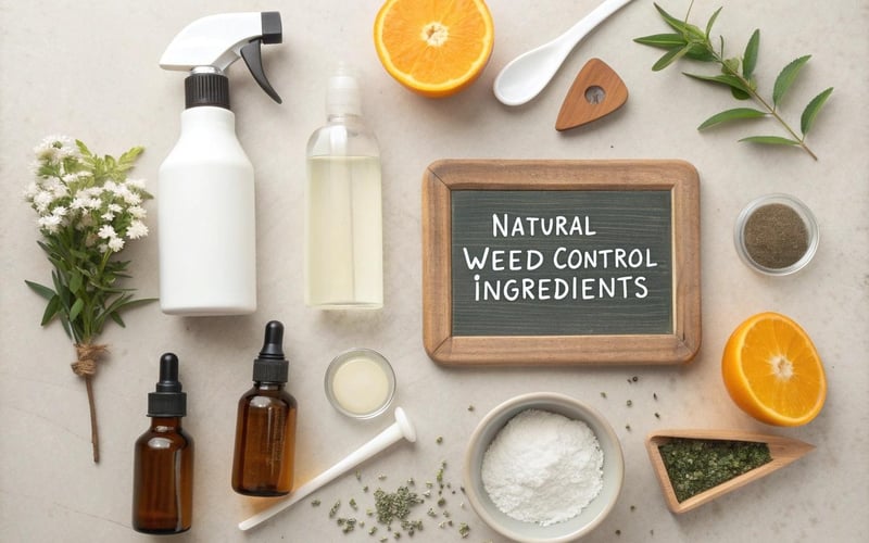 Natural homemade weed killer ingredients including white vinegar, baking soda, salt, essential oils and dish soap arranged on kitchen counter