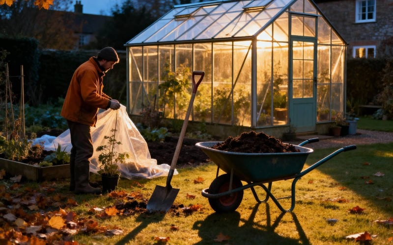 November garden jobs UK showing gardener protecting plants from frost with fleece and mulch in autumn cottage garden