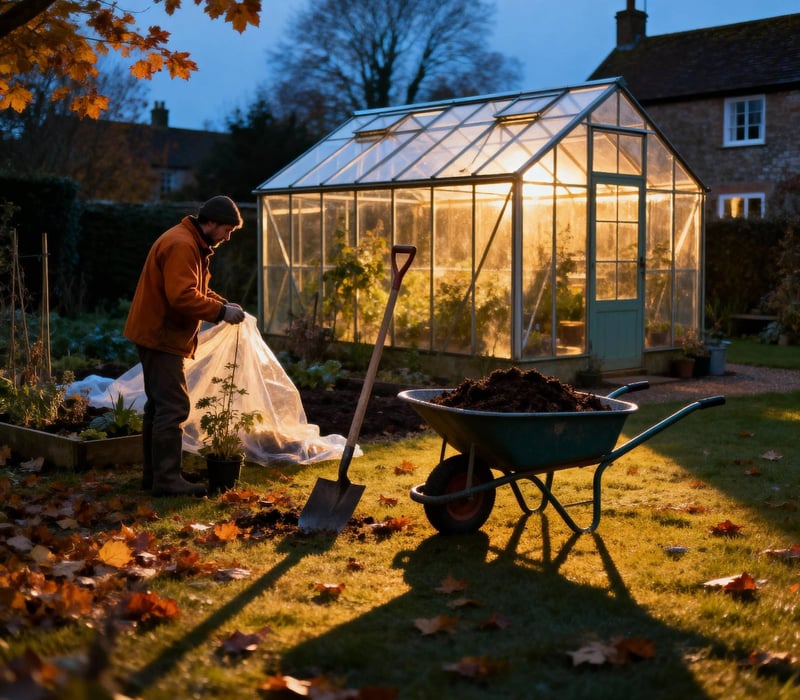November garden jobs UK showing gardener protecting plants from frost with fleece and mulch in autumn cottage garden
