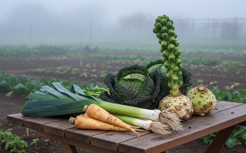 November vegetable harvest UK featuring fresh leeks, parsnips, Brussels sprouts and winter cabbage