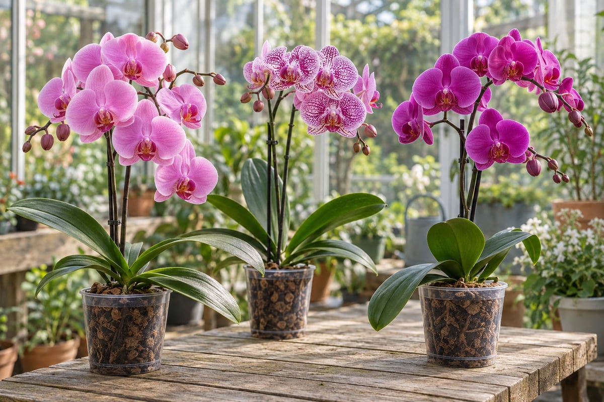 Pink and purple moth orchids flowering on a wooden conservatory bench