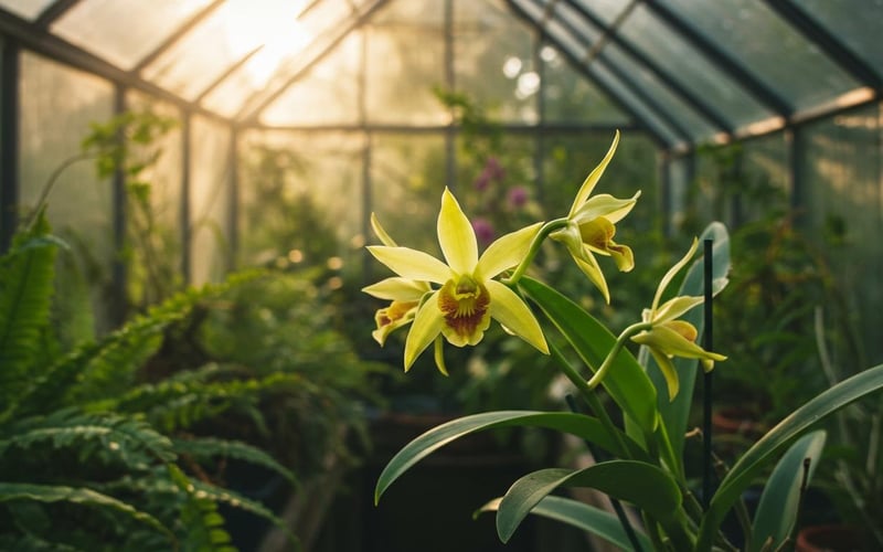 Vanilla orchid (Vanilla planifolia) vine flowering in humid greenhouse.